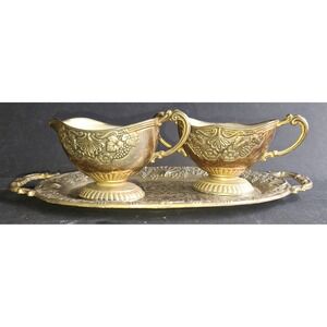 Vintage Silver Plated Creamer Sugar Tray Set Japan Grape Repousse Floral Motif